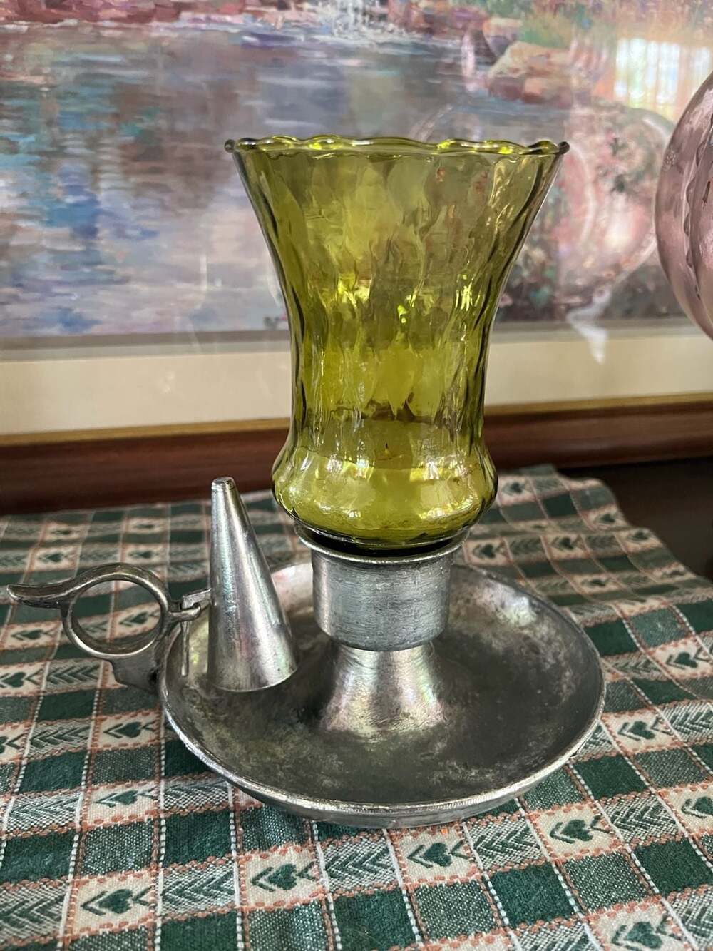 Vintage Pewter Chamberstick Candle Holder with Olive Green Glass Insert